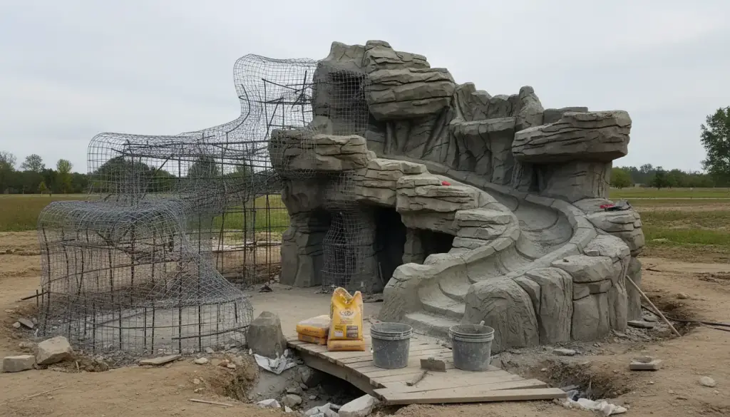 Rebar and wire-mesh armature half coated in carved concrete rock with a dry waterfall channel
