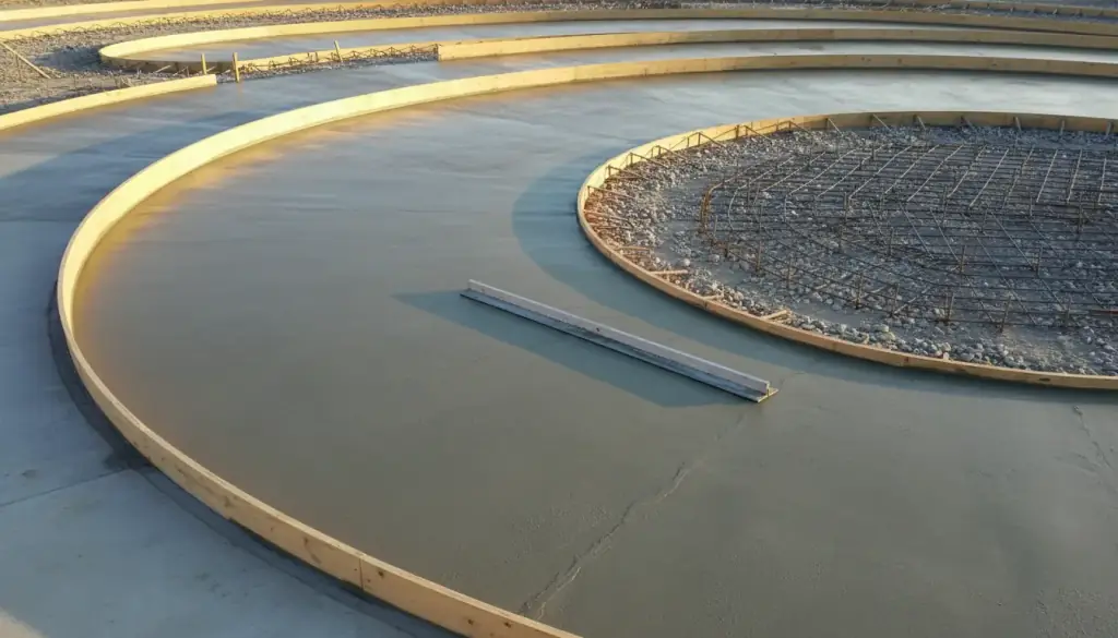 Wet concrete screeded inside curved timber forms on a wide track turn, a bull float on the slab
