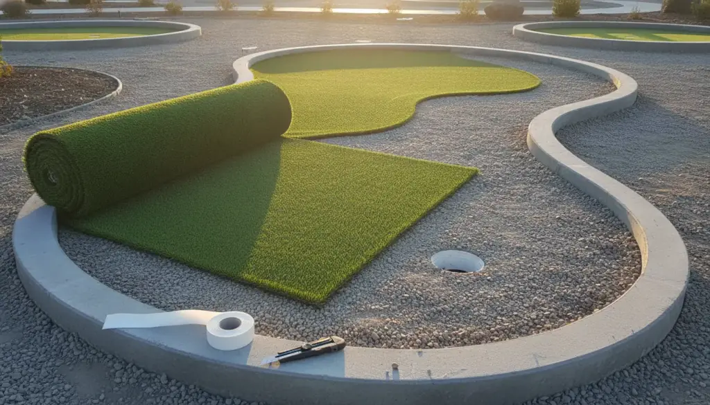 A roll of putting turf half unrolled over a contoured stone base inside a concrete curb