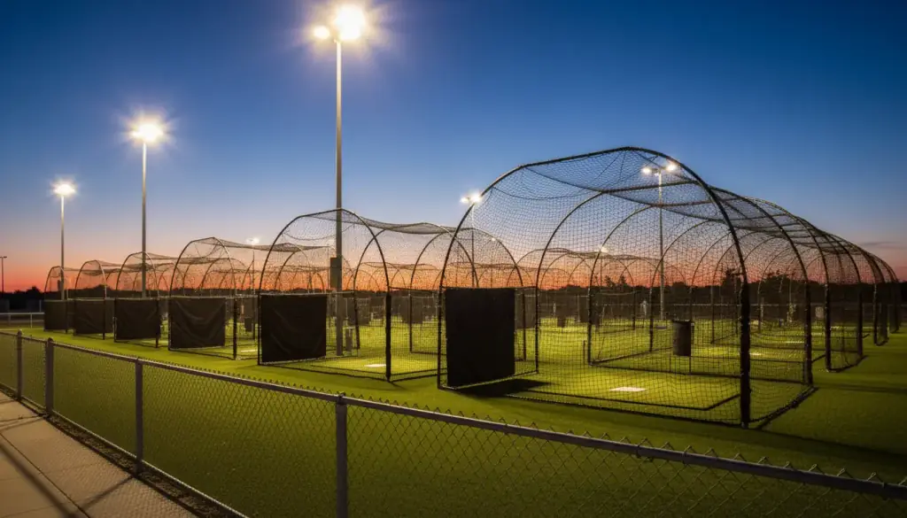 A row of netted batting cages on steel poles under floodlights at twilight