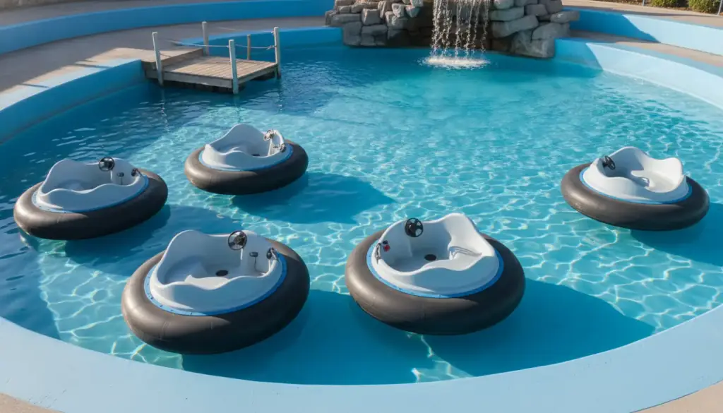 Round bumper boats with black rubber tubes floating in a blue concrete pond below a rock waterfall