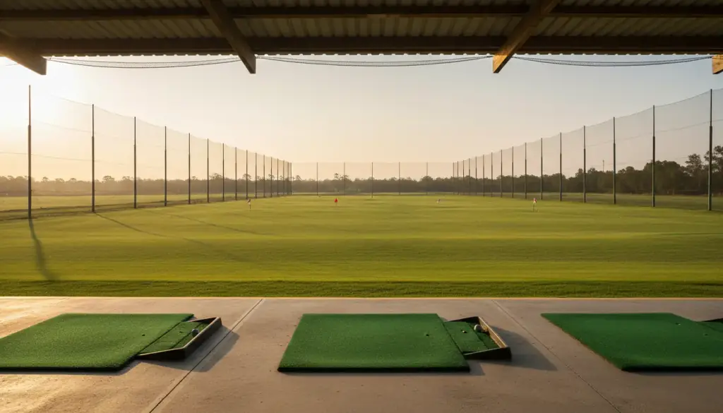 Turf hitting mats on a concrete tee-line under a shade roof, netting down both sides of the range