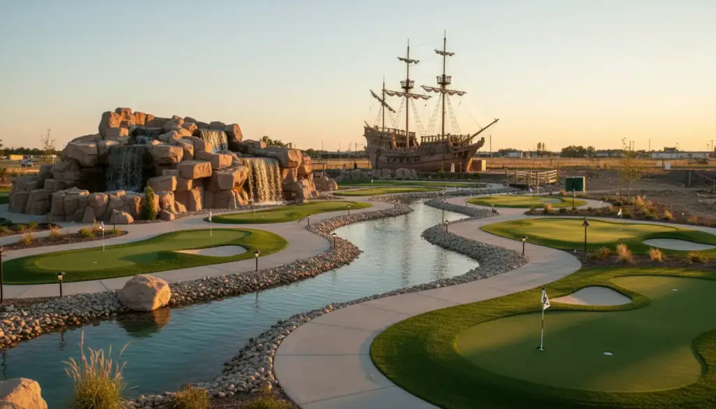 Sculpted rockwork with a waterfall feeding a blue stream between putting greens, a pirate ship behind